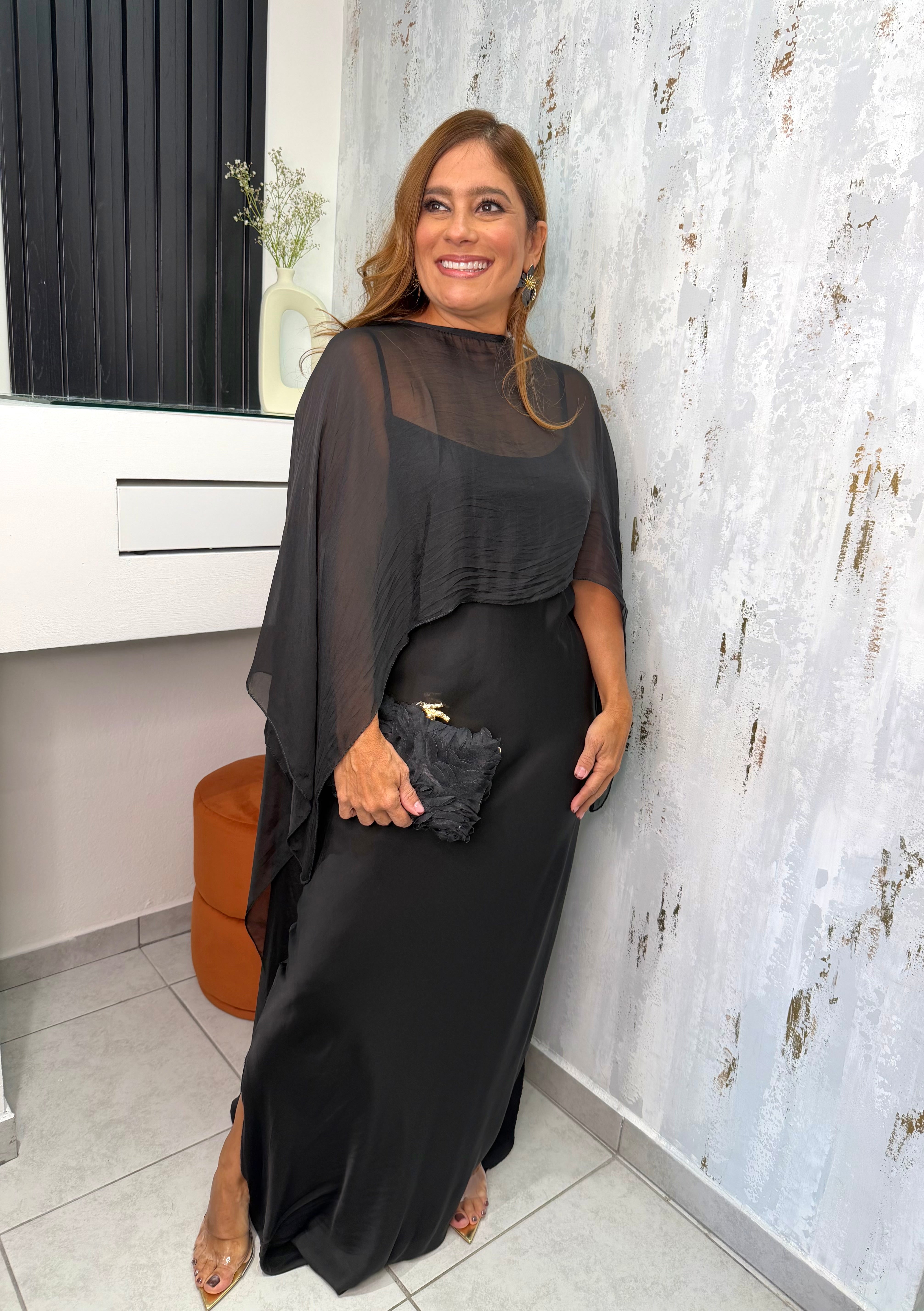 Chiffon Asymmetric Poncho Top & Maxi Dress Satin